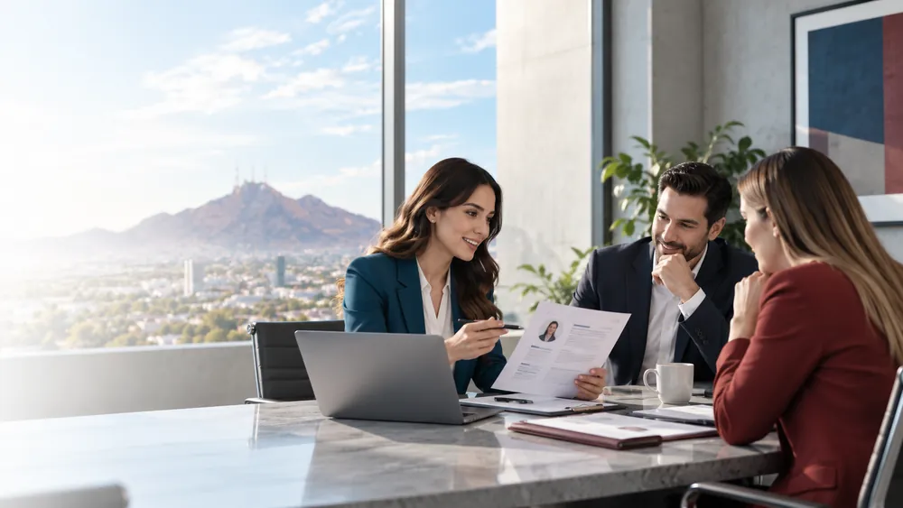 Consultora de FACTO revisando el perfil de un candidato con directivos de una empresa de Chihuahua